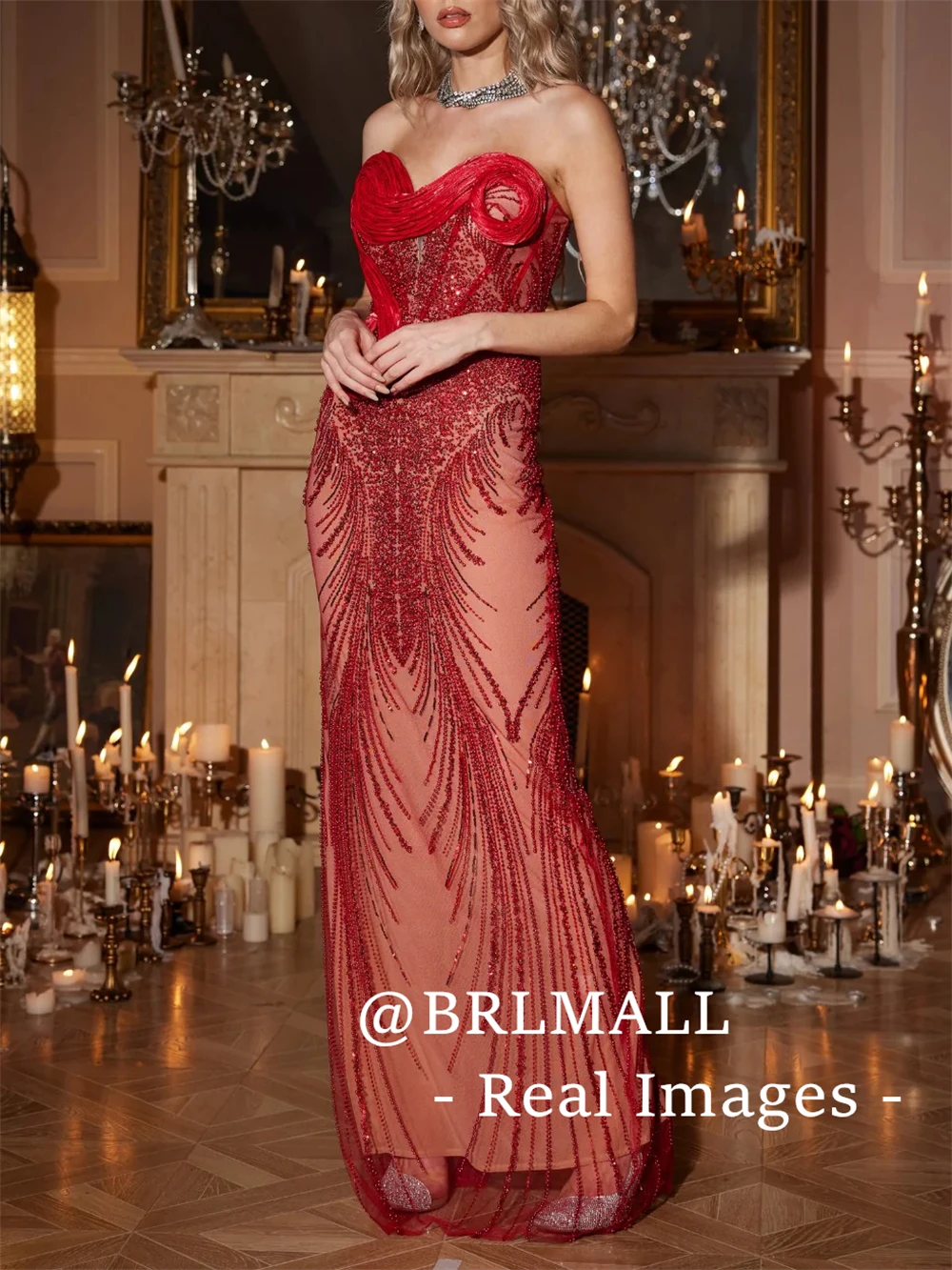 

BRLMALL Strapless Sequin Mesh Maxi Dress Beaded Rhinestones Sheayh Long Evening Dresses for Women 2025 Formal Event Party Gown