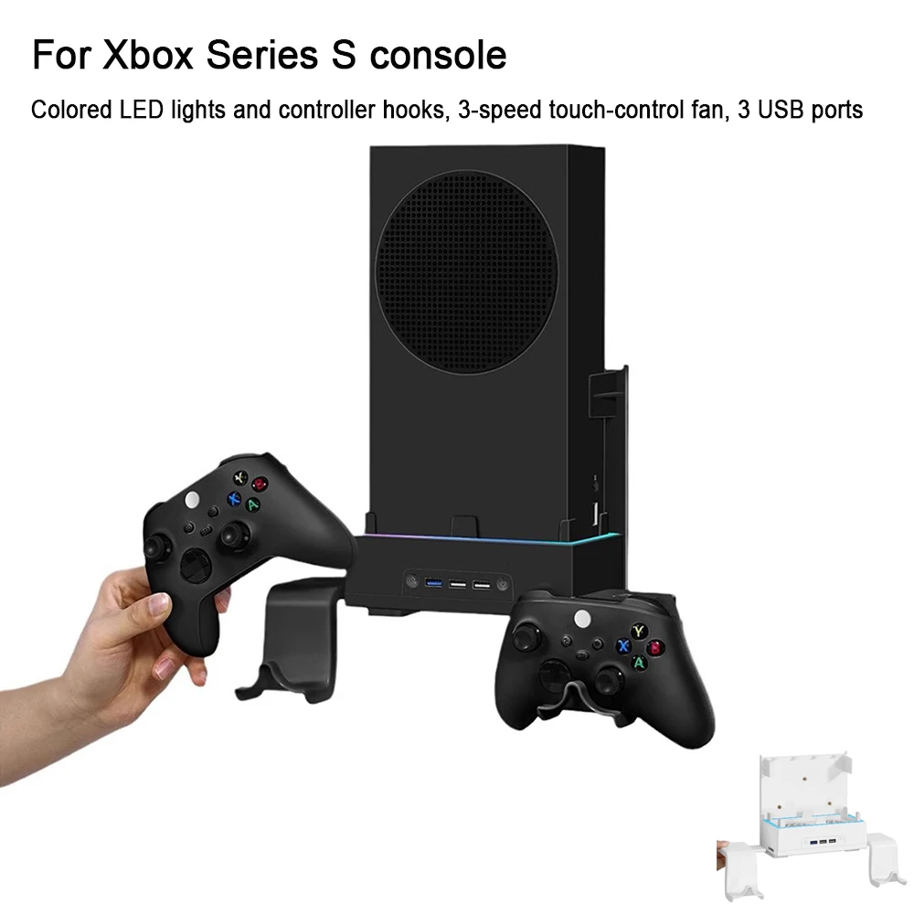 

Wall-mounted cooling bracket for Xbox Series S console, with colored LED lights and controller hooks, 3-speed touch-control fan,