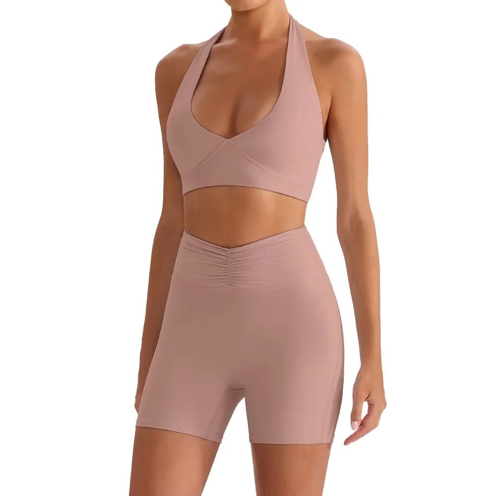 

Женский быстросохнущий костюм для фитнеса, спортивный бюстгальтер для йоги, бега, шорты с лямкой на шее, дышащие, легкие