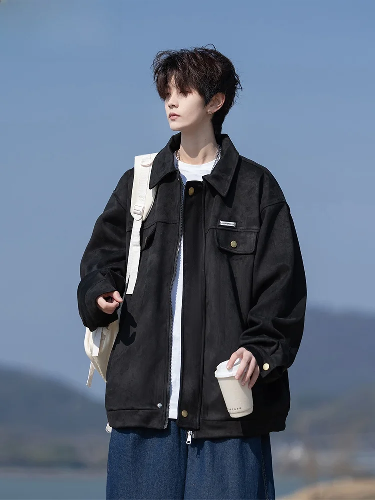 

Wassup Happy Men's Suede Work Jaet Casual Loose Fit Turn-down Collar Spring Autumn New Sle Retro Leisure Outerwear