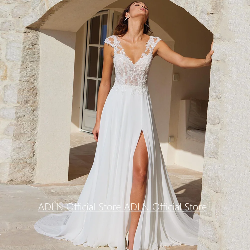 Boho V-Neck Lace Chiffon Beach Wedding Dress with Split A-Line Skirt
