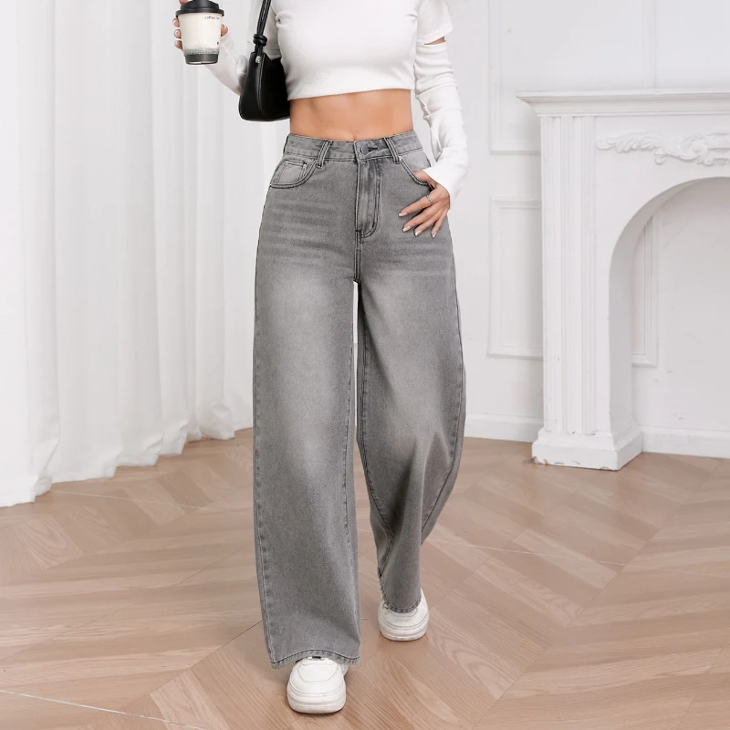 

Свободные широкие брюки с высокой талией, 2026, весенние серые повседневные женские джинсы, прямые джинсовые брюки полной длины High Street