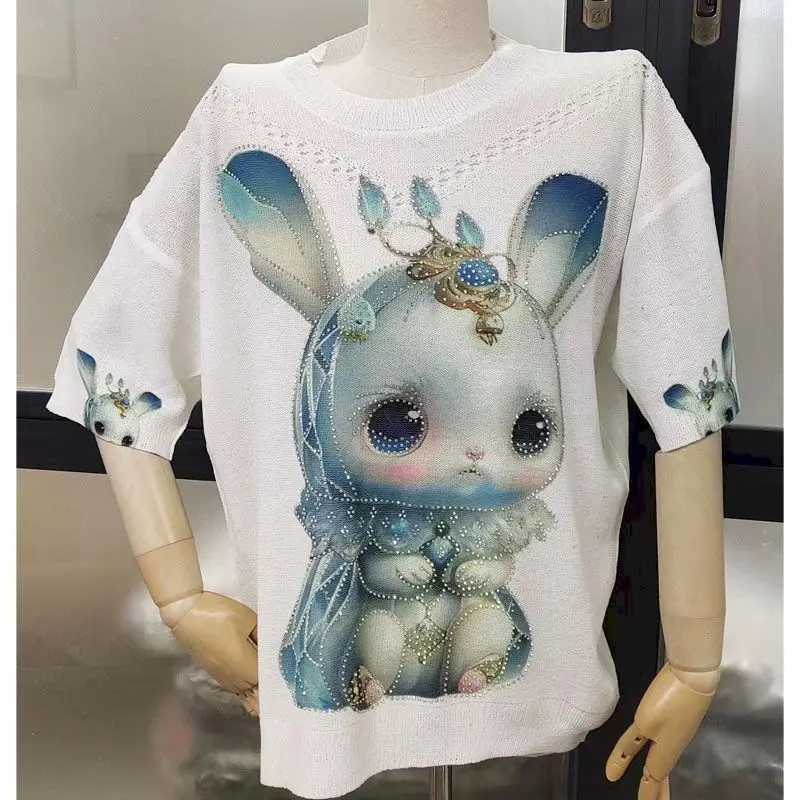 Women's T Shirt Blue Elf Rabbit Printed T-shirt Cute Knitted Short Sleeve Tops Summer Trend Loose Thin Tshirt Set with Diamonds