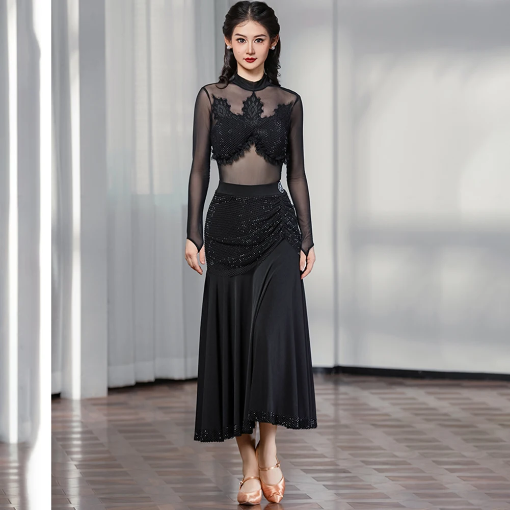 Vestido de competición estándar de manga larga, camisa, práctica de baile de salón, malla, escenario, vals negro, vestido de media longitud para salón de baile