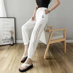 Spring Autumn Gauze Hollow Out Drawstring Solid Color Pockets Elastic High Waisted Letter Women's Clothing Casual Fashion Pants