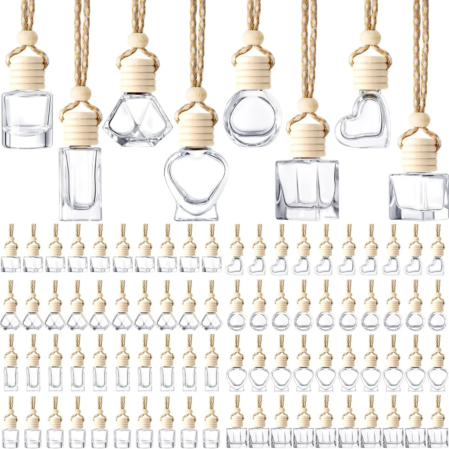 

200 шт. подвесных флаконов-диффузоров для автомобиля оптом, 8 видов пустых стеклянных освежителей воздуха с деревянной крышкой для парфюмерии и эфирных масел