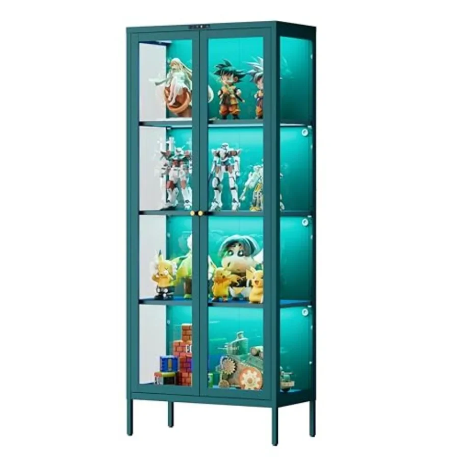 Display Cabinet with Glass Doors for Collectibles, Acrylic, White, 8 Color LED Lights