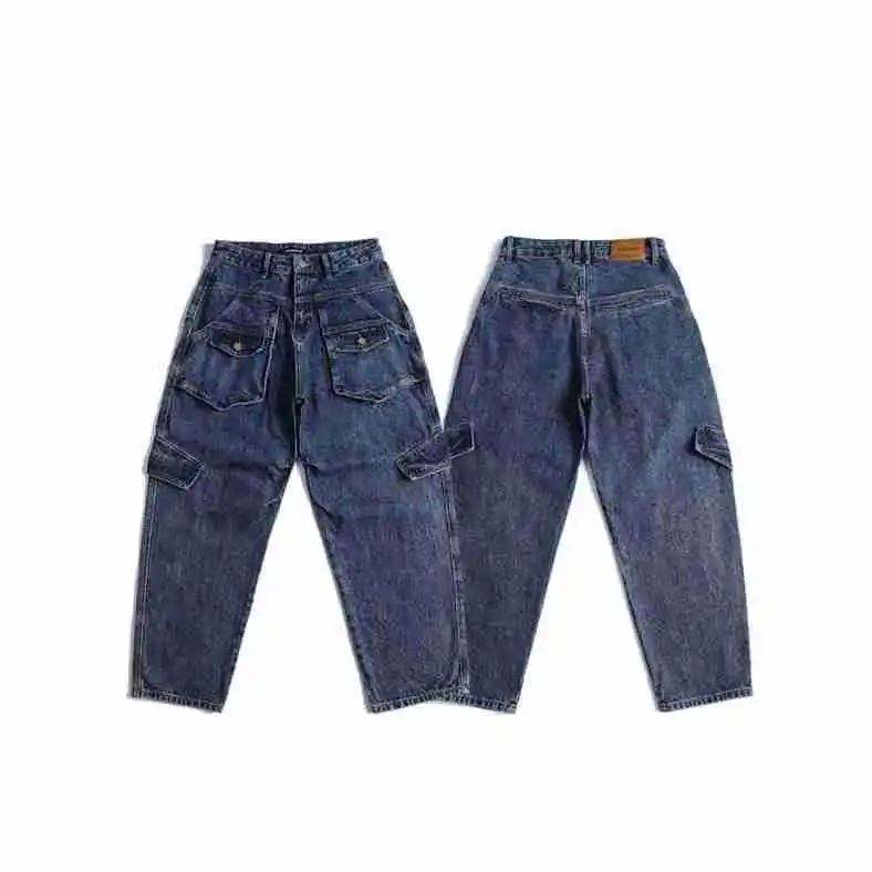 

y Japanese Sle Workwear Jeans Straight Leg Deep Blue Waed Multi ket Skateboard Loose Fit Cotton Youth Jeans