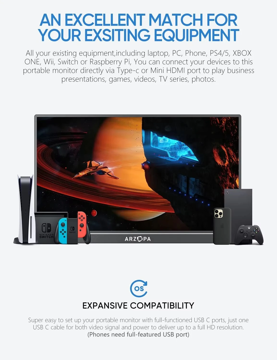 

ARZOPA 17.3 inch 1080P 60HZ Portable Monitor HDR IPS External Second Screen for MAC/Laptop/PC/Xbox/PS4/5/Switch/Xbox A1M