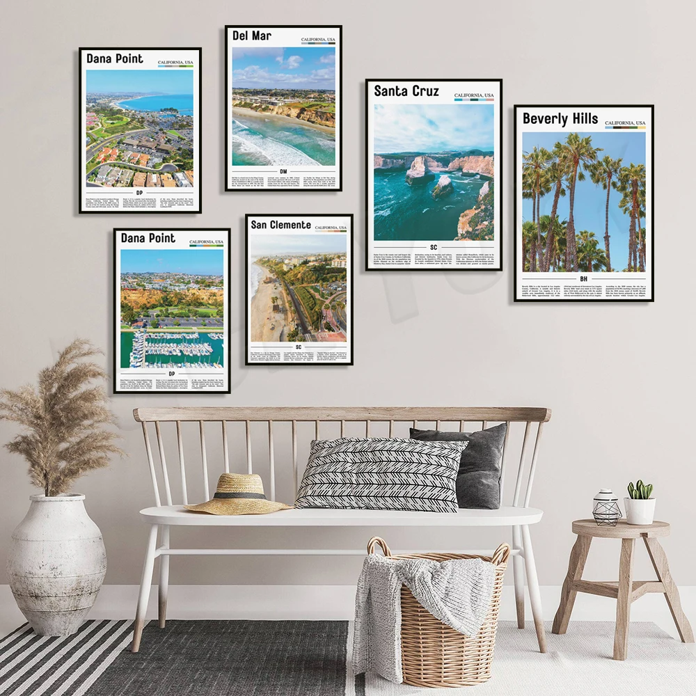 Bunte stadt reise poster malibu, truckee, santa cruz, avalon, del mar, beverly hügel, los angeles, san clemente, dana point