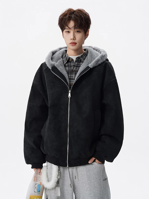 

American Sle Trendy Brand New Hooded Fur Collar Cotton Jaet Men Winter Thiened Warm Outerwear Loose Fit Bla Fce Lined