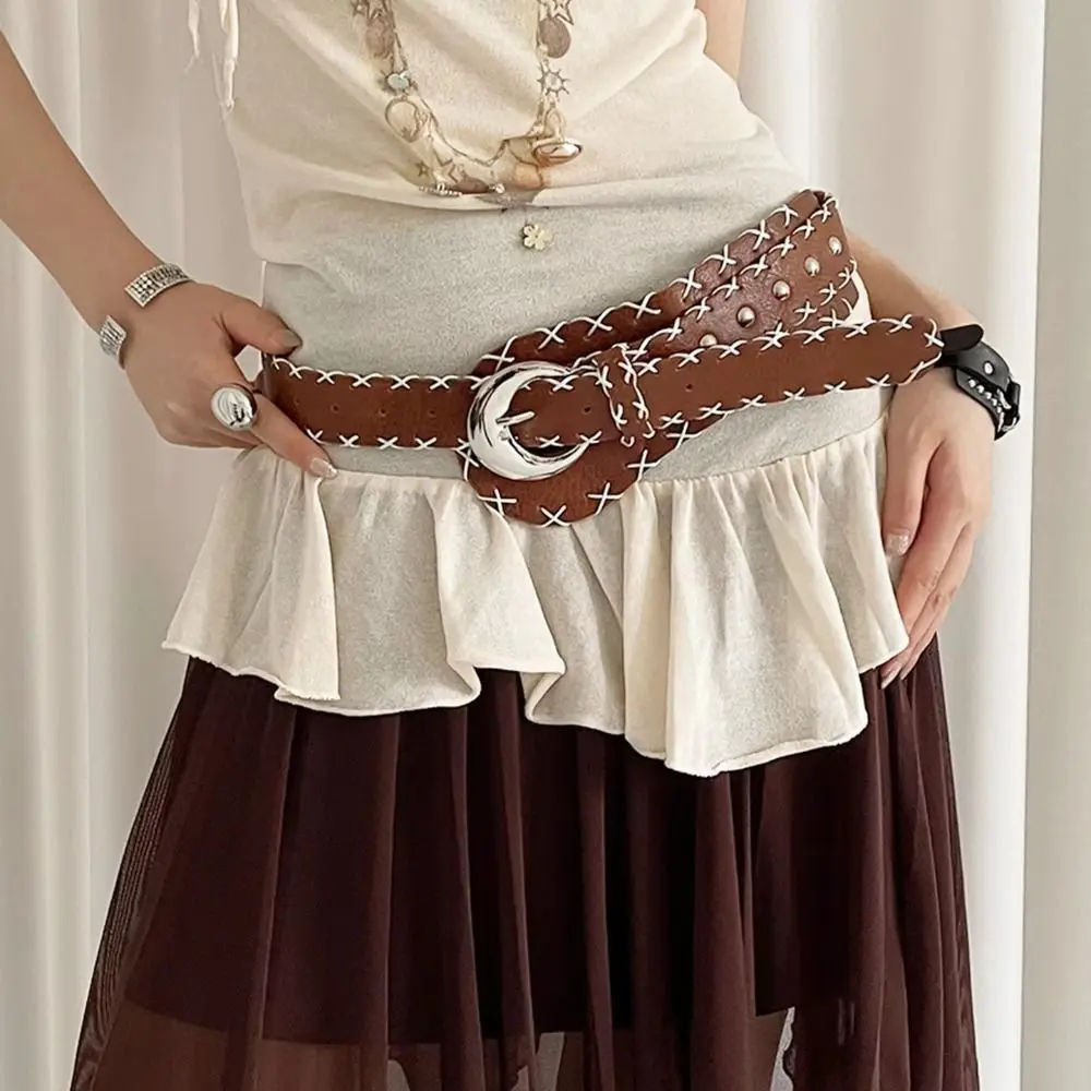 

Heavy-Duty Korean Women's Belt Coffee Gothic Wide Waist Belt Y2k Leather Dress Jeans Belt Spicy Girls