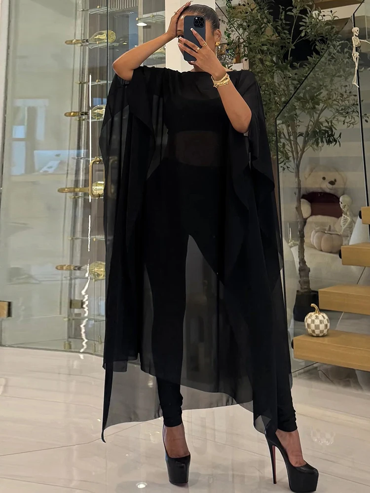 Kliou Sexy Mode 3-delige Set Vrouw Mesh Patchwork Extra Lange Tops + Hemdje + Skinny Perzik Hip Lange Broek High Street Style Pakken