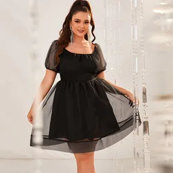 Plus Size Elegant Dresses Women Fashion Bubble Sleeve Evening Party Dresses Mesh Temperament Casual Solid Color Short Dresses