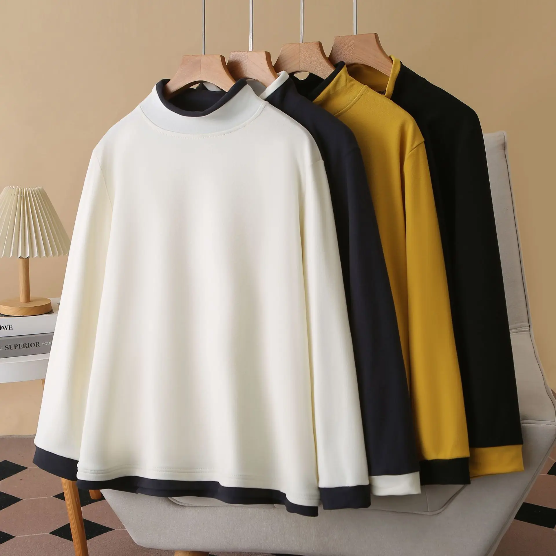 XXXXL موضة حجم كبير المرأة تي شيرت الخريف الشتاء بسيط عادية اللون كتلة الوجهين DE المخملية الدافئة بلوزات بأكمام طويلة #4