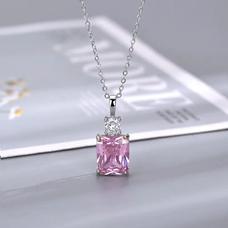 Hot Selling Pink Yellow High Carbon Diamond Necklace Women\'s Square Ice Flower Perfume Bottle Pendant Fashionable and Luxurious