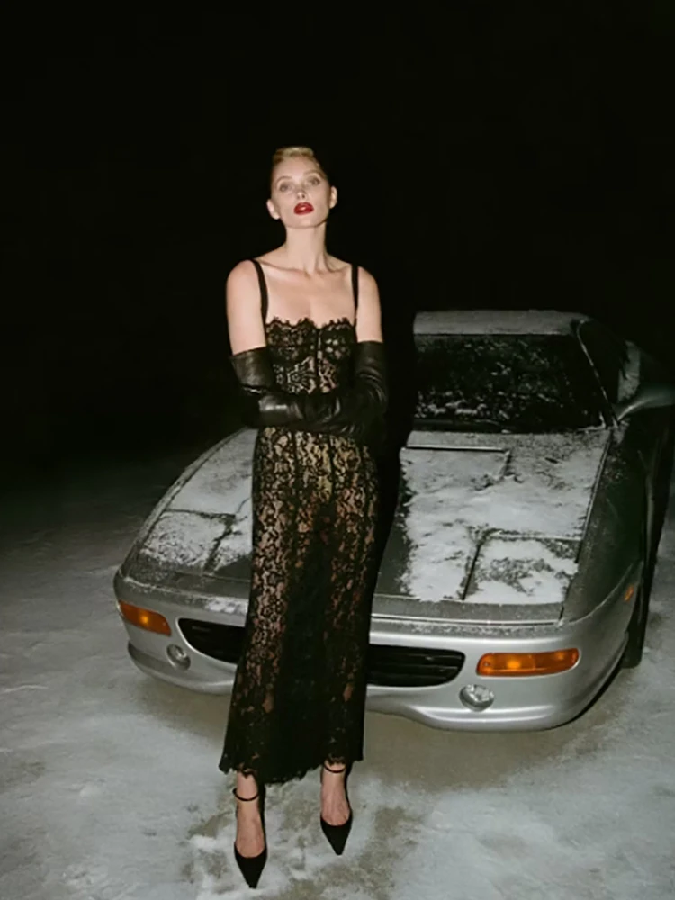 2025 Women Black Lace Sleeveless Sexy Breast Wrap Halter Slim Fit Bodycon Long Dress Nightclub Party Evening Hot Chick Outfit