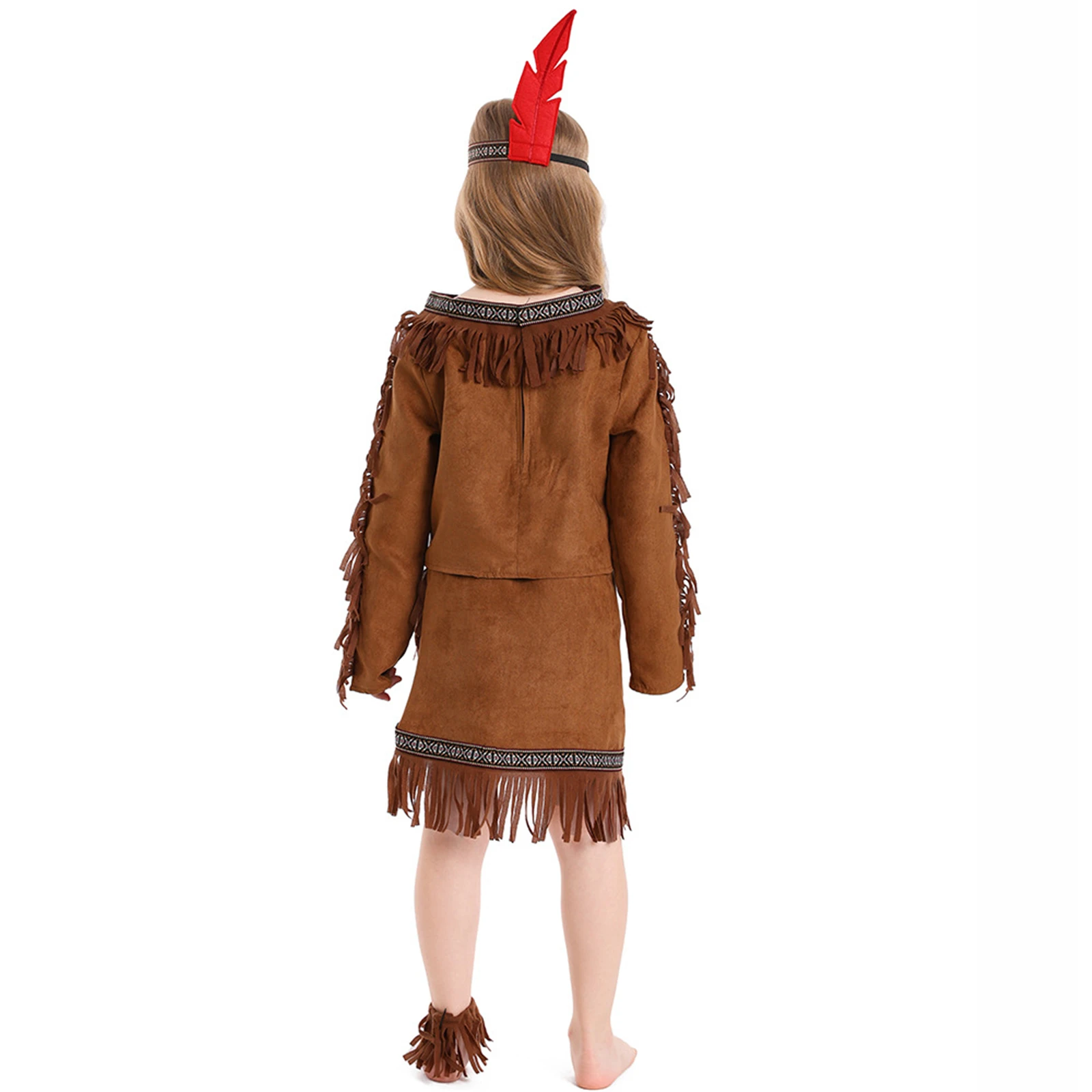 Anime Children Dress Khaki Brown Indian Cosplay Gentilitial Chief Costumes Stage Performance Outfits Zipper Top Skirt Headgear