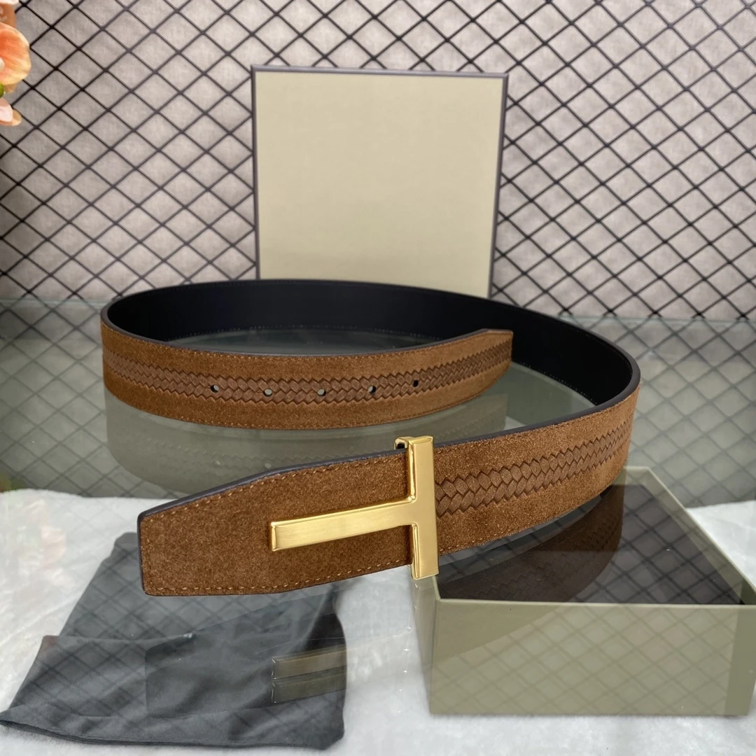 High Quality Luxury Goods Designer TOM Men's cowhide T-shaped Buckle Belt With Double-sided Use 38MM T Hardware Buckle Gift Box