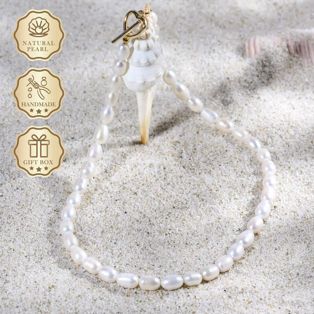 

MYSOYA White Rice Freshwater Pearl Necklace 6–7mm with Gold Heart Clasp, Gift Box, Ideal Birthday & Anniversary Gift