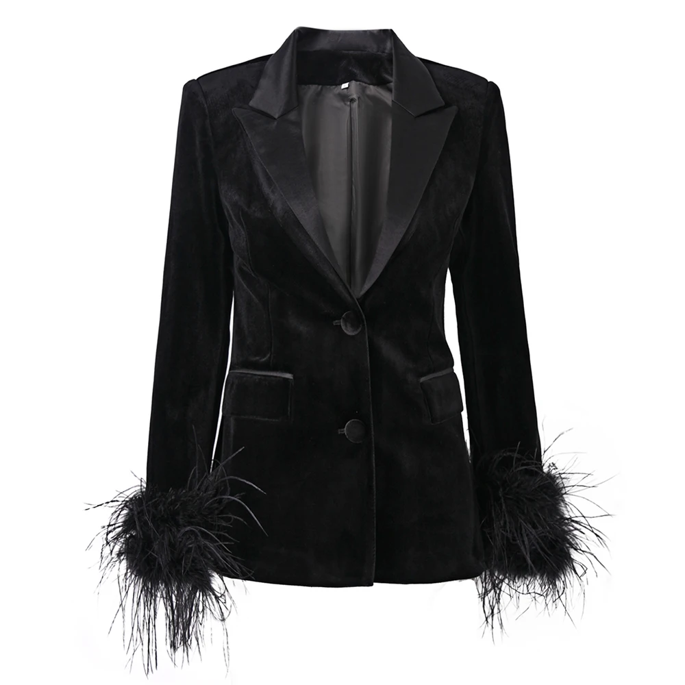 New Autumn Winter Women Black Fluffy Feather Patchwork Fashion Classic Velvet Blazer Quality Jackets