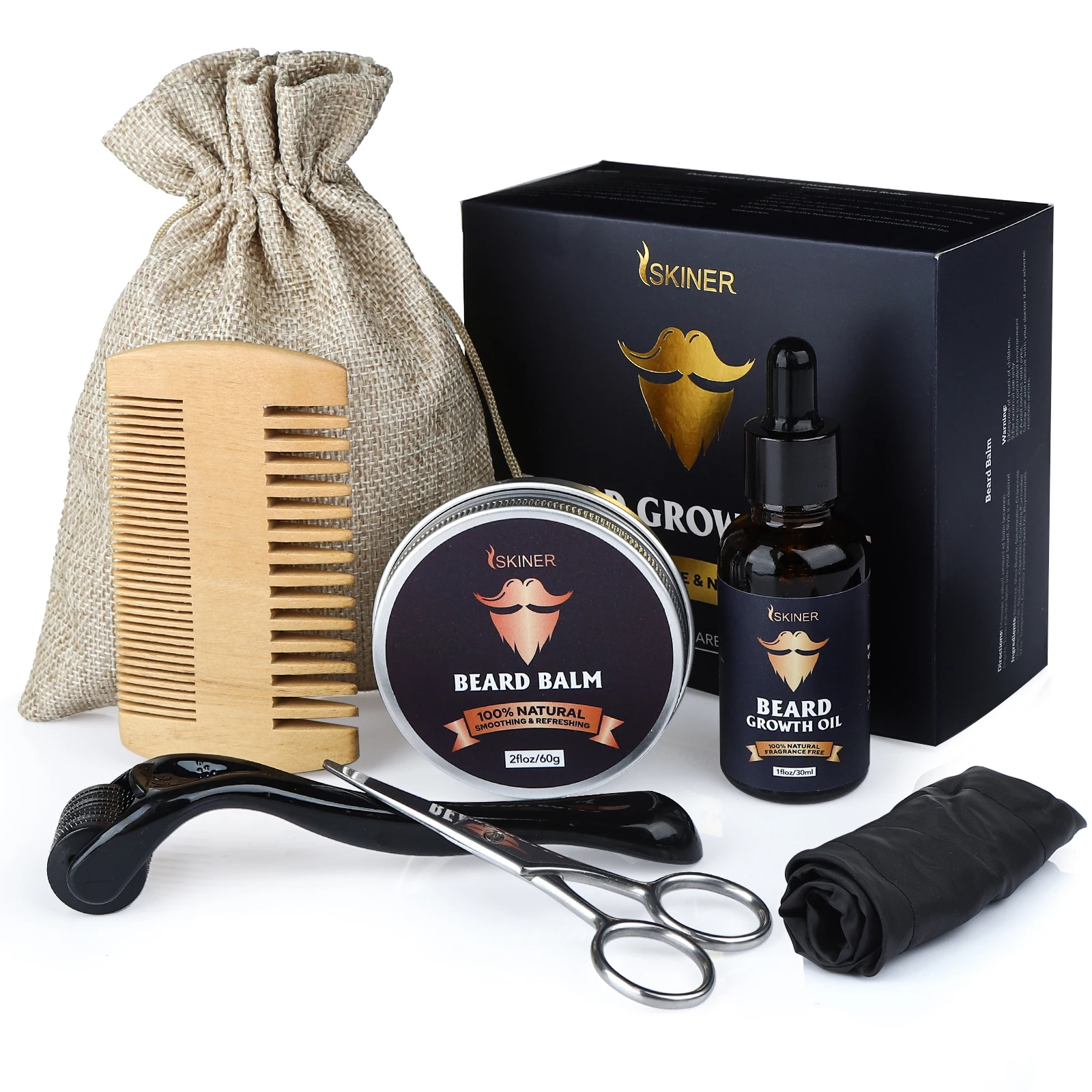 Kit de Crescimento de Barba Masculina, Óleo Essencial para Cabelo Barbe, Cuidado Capilar, Condicionador Leave-in, Pente Dupla Face, Creme de Barba, 5PCs