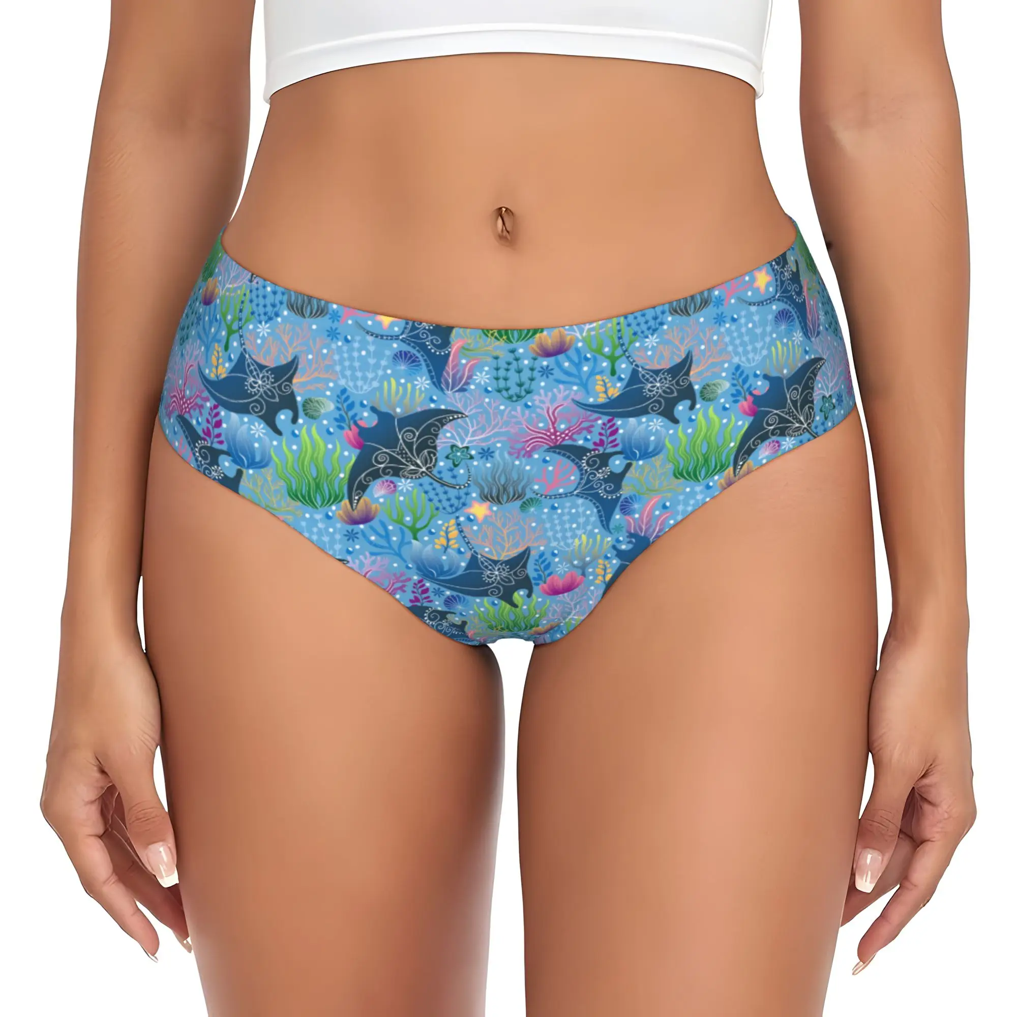 Coral Seamless Marine Life Manta ray    Briefs Underwear Women Breathable Stretch Shells Starfish Seamless Pattern Panties