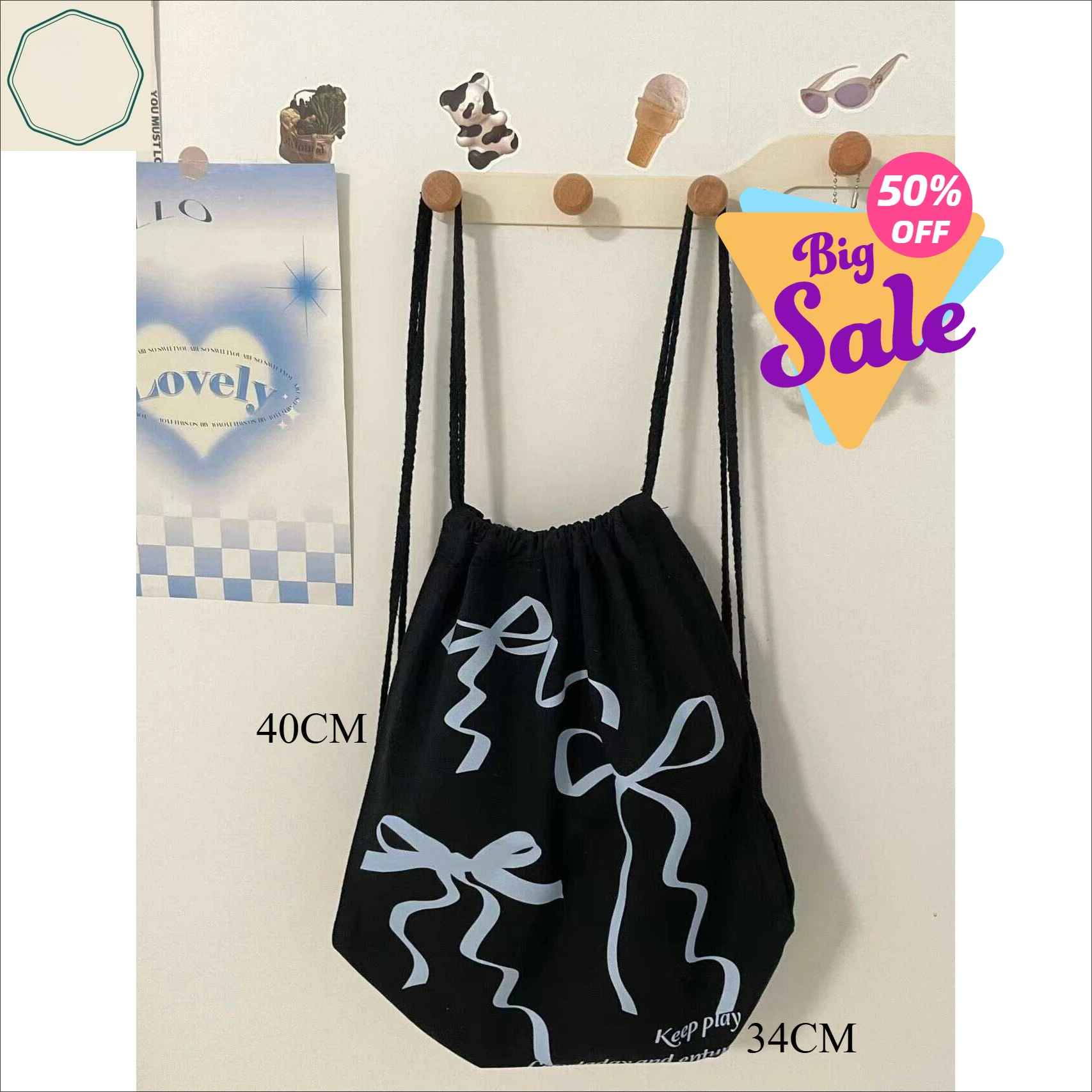 American Retro Bow Drawstring Backpack For Girls And Students Going Out, Portable Large Capacity Drawstring Bag