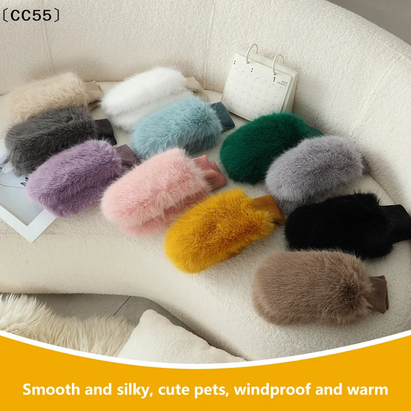 

らCC55 август Имитация кроличьего меха Ветрозащитные перчатки Мягкие зимние теплые перчатки с полными пальцами Толстая теплая подкладка Женские варежки