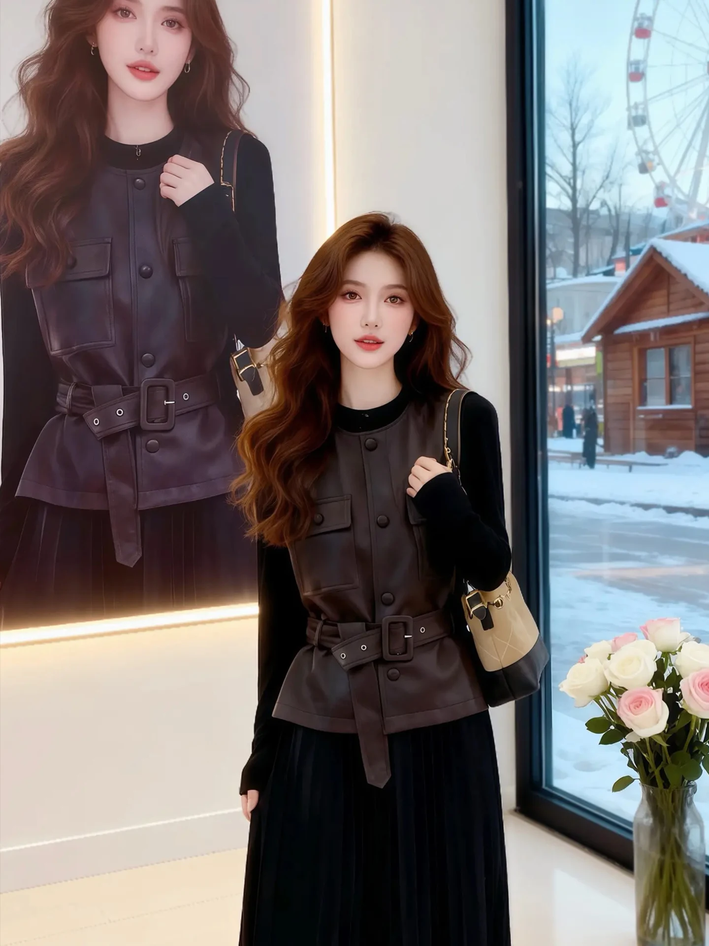 

Fashionable Design Double Layered High Collar Women's Dress Two Piece Set Autumn Winter New Style Elegant Skirt And Top Ensemble