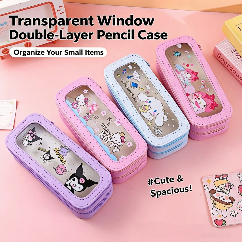 Kawaii Sanrio Hello Kitty Transparent Double‑Layer Large Capacity Zipper Pencil Case for Students School Office Storage Supplies