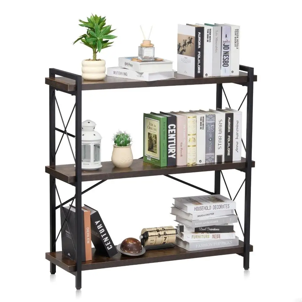 

3-Tier Metal Bookshelf Rustic Style for living Room Bedroom Office