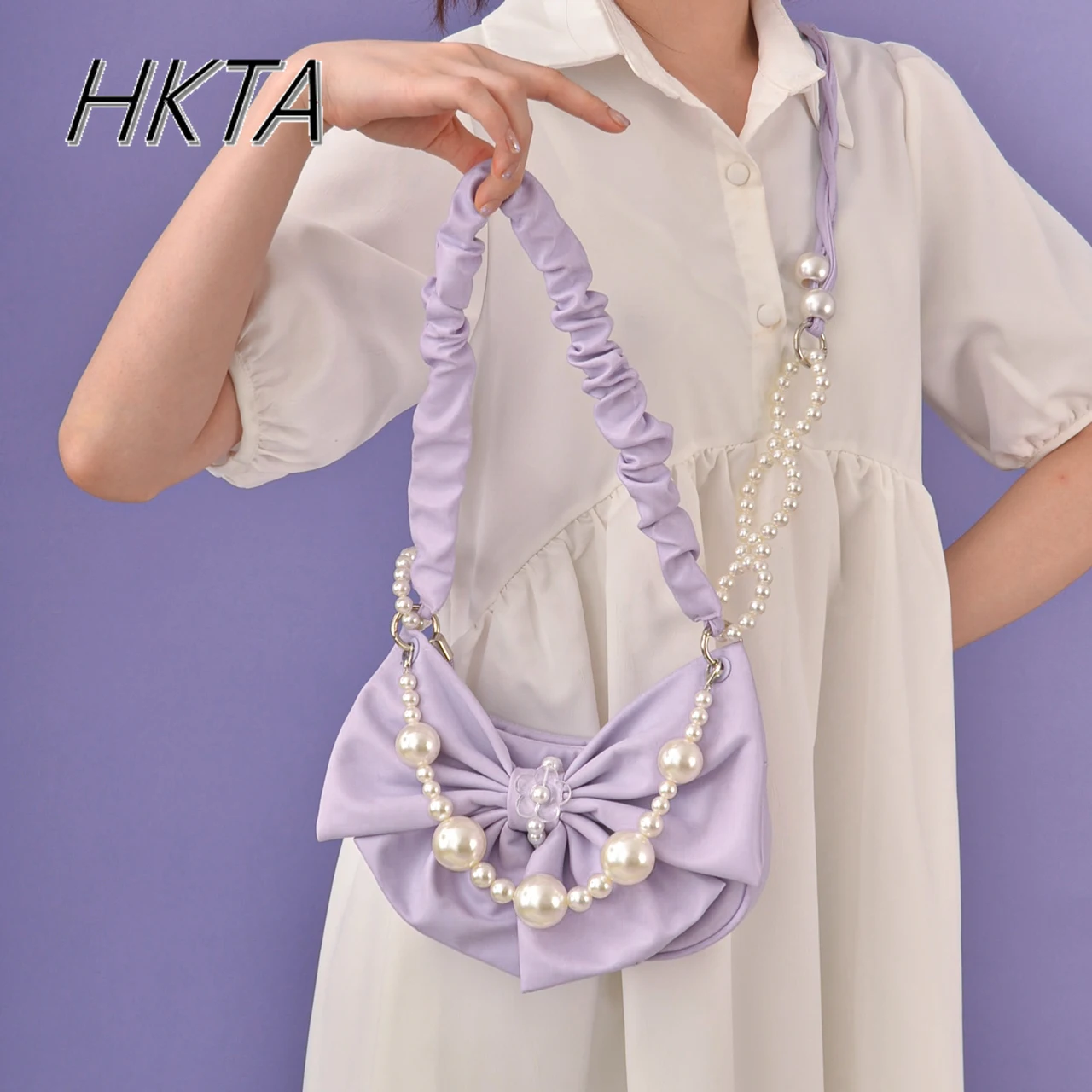 

French Style Lolita Sweet Cute Handbags Women 2025 New Elegant Pearl Crossbody Armpit Bag Ladies Summer Fashion Purple Backbags