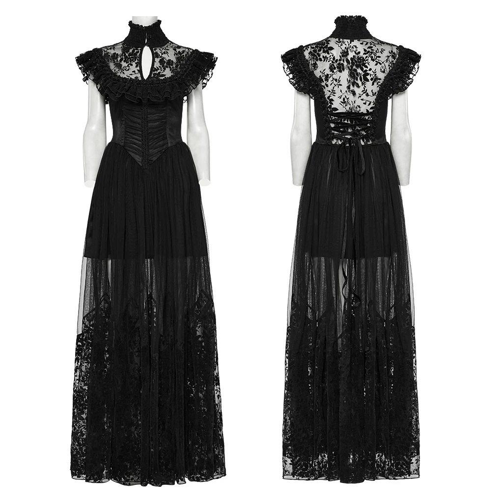 PUNK RAVE Women's Gothic Maxi Dress, Black-Red Polyester Floral Print Lace Up Ball Gown WQ869