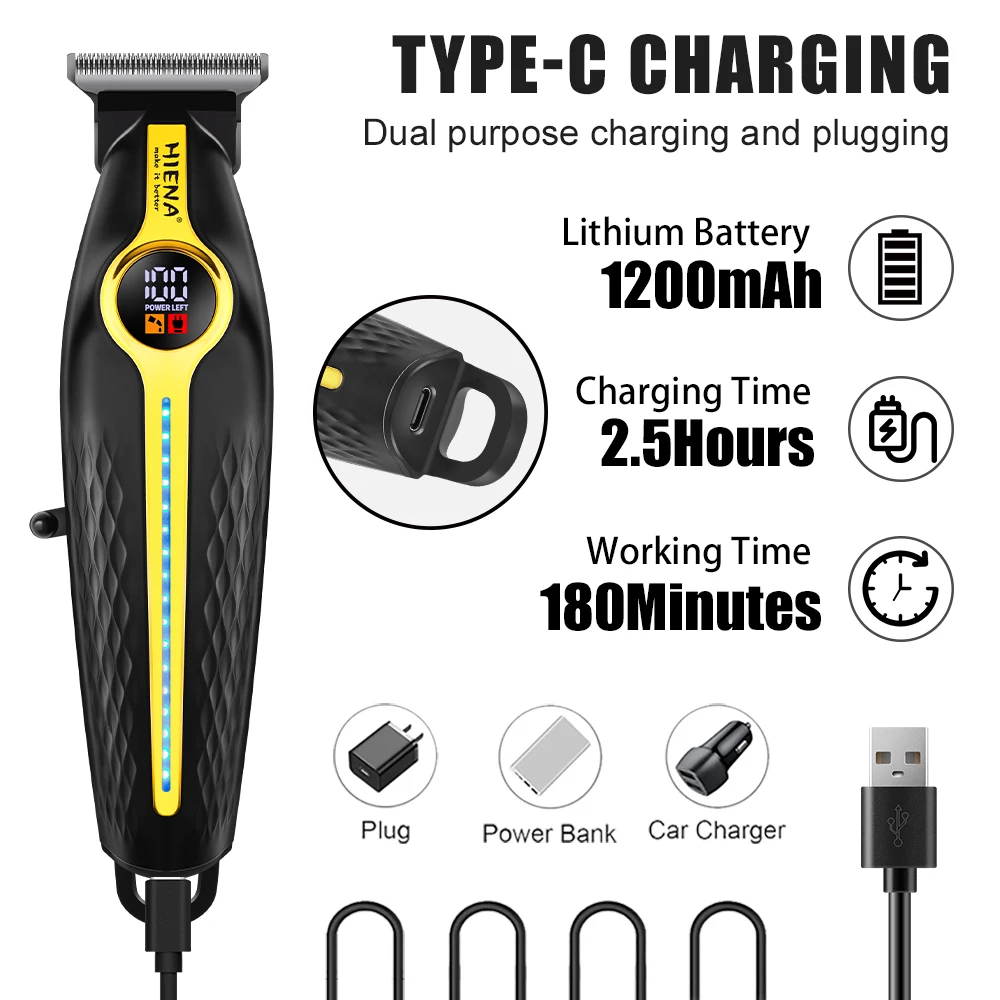 hiena home appliance hair clipper USB rechargeable wireless beard trimmer and edge trimmer with LED display, best gift