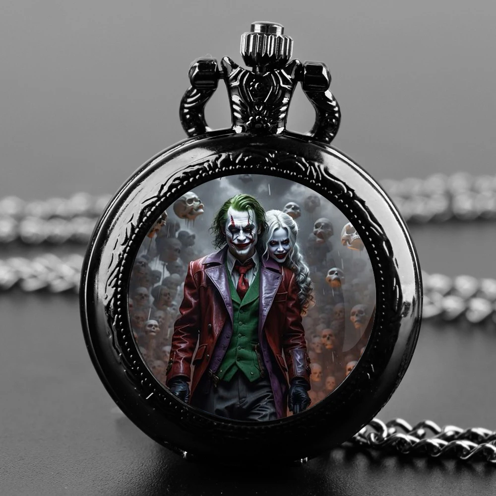 Joker Design Glass Dome Quartz Pocket Watch With Durable Chain Arabic Numeral Dial For Men And Women Creative Gifts