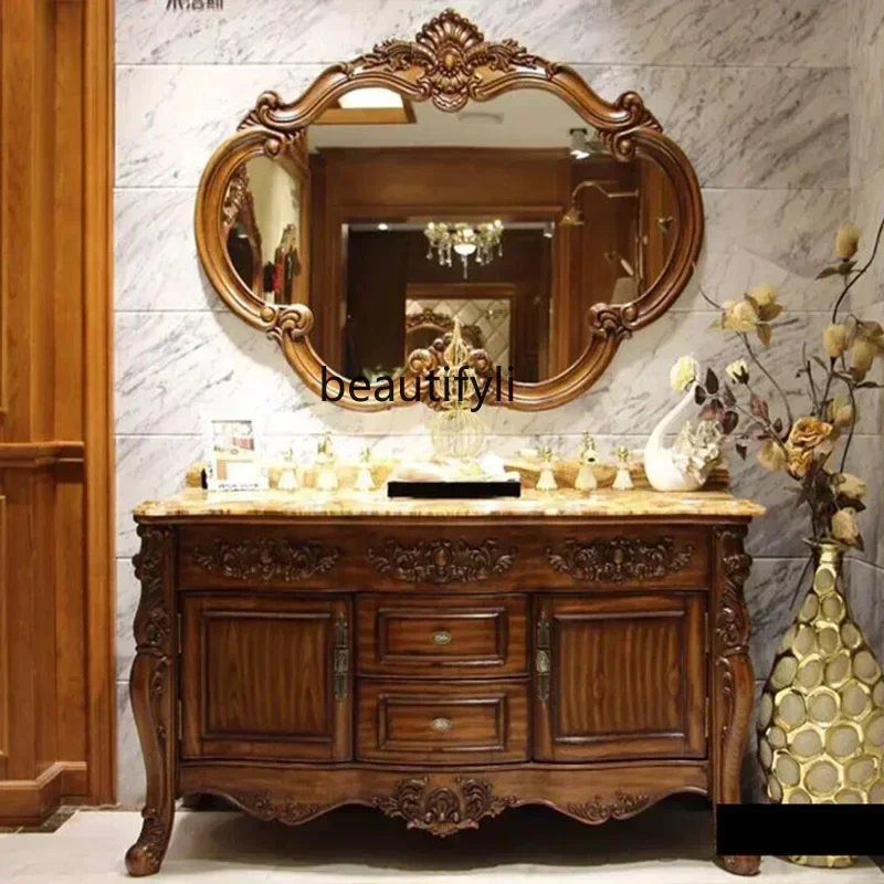 

11841European Style Bathroom Villa Mansion Washbasin Cabinet Combination Double Basin Red Oak Marble Countertop