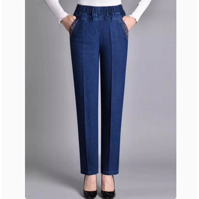 

Elastic Mom Jeans Summer Thin Large Loose Straight Denim Pants High Waist Middle Aged Elderly Casual Women's Denim Trousers