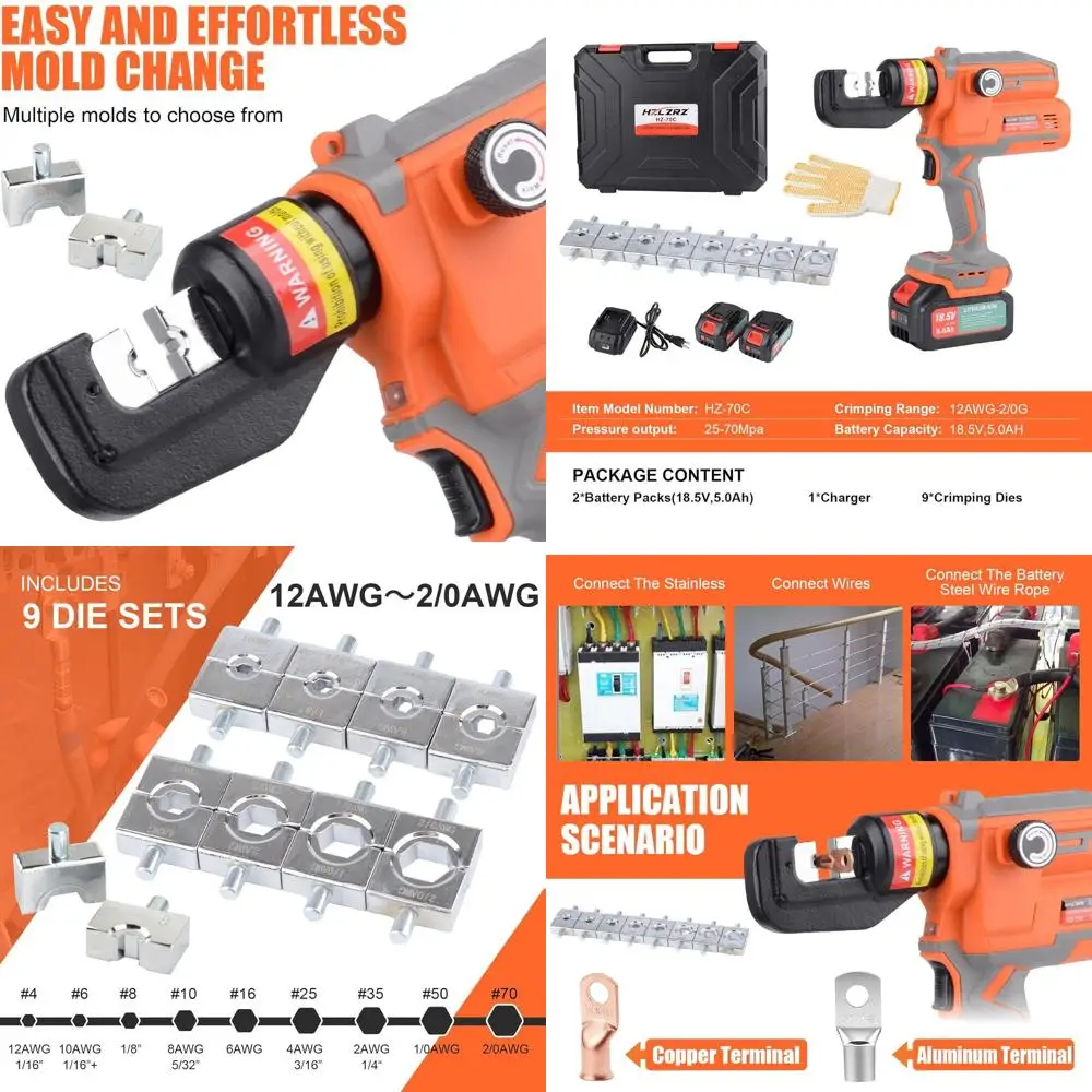 

12 Ton Electric Hydraulic Crimping Tool with Smart Chip Protection for 12AWG-2/0AWG Battery Lugs and Terminals