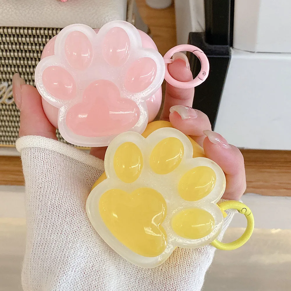 Cute Pink Cat Paw Silicone Headphone Case For Apple Airpods 4 2 Pro 2nd 3 Bluetooth Earphone Protective Cover Coque with Keyring