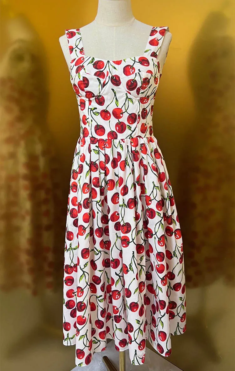 

Fashion Designer Summer High Quality Cotton Women Bustier Cherry Print Midi Dress With Spaghetti Strap For Party Vacation 2024