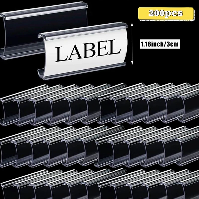 200 Pieces Wire Shelf Label Holders Set Plastic Label Shelf Clips With 200Pcs White Card Set (2.95Inch X1.18 Inch)