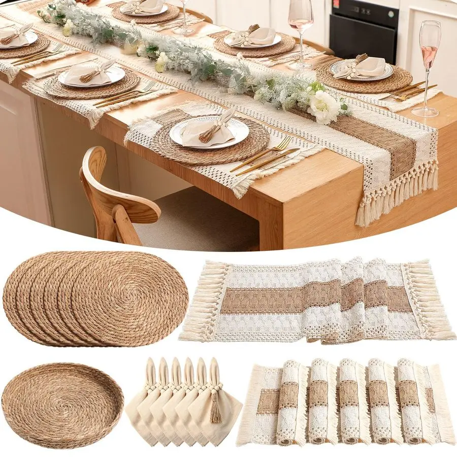 

6 Sets Boho Placemats Round Woven, Rectangular Boho, Wooden Bead Napkin Rings, Cloth Napkins, Long Table Runner amp Storage Bask