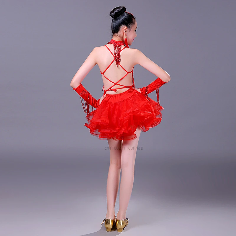 Детское платье для латинских танцев, костюм для выступлений, новый костюм для современных соревнований для девочек, танцевальный костюм с блестками и кисточками