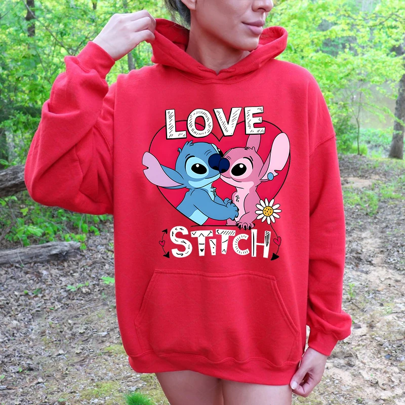 Stitch and Angel Love printed hoodie women's casual sweater loose top personality clothing Valentine's Day gift