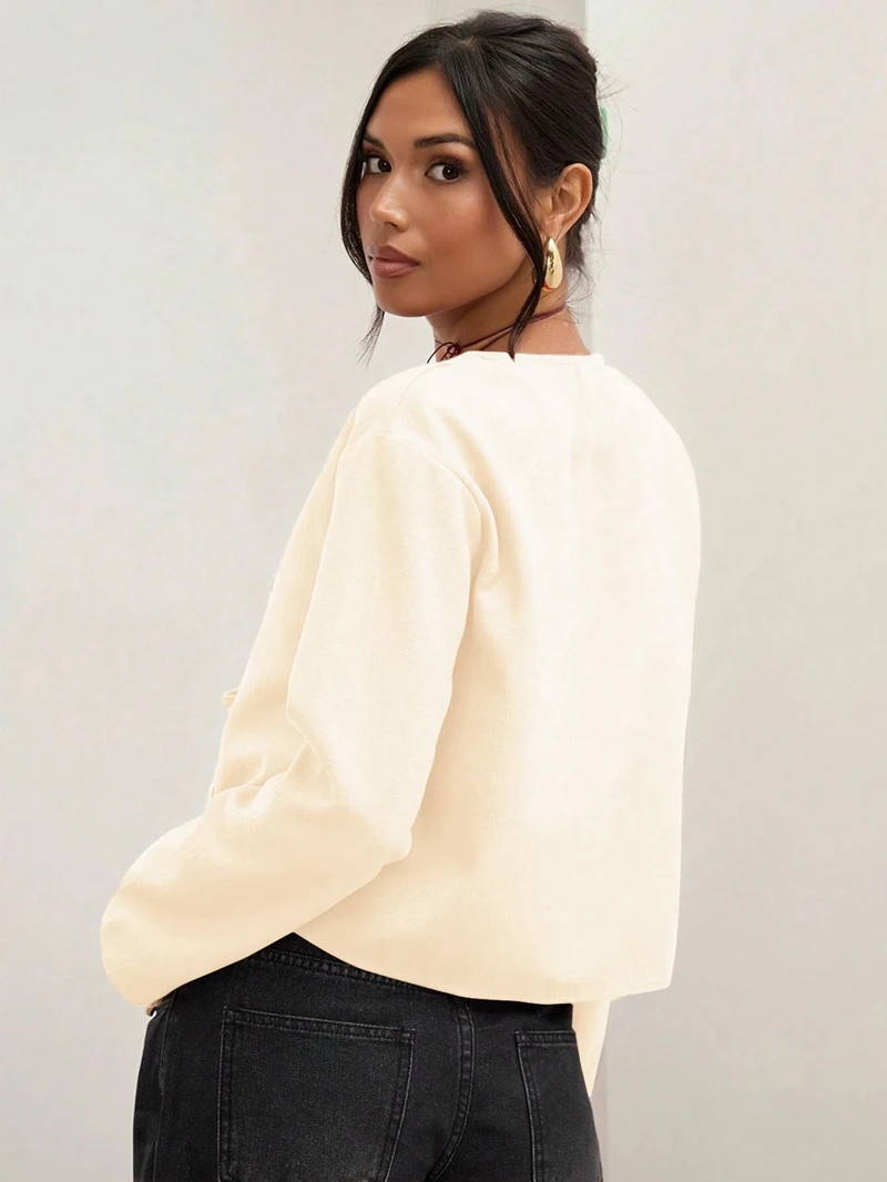 Abrikoos dames casual blouse met striksluiting, sexy overhemd, comfortabele pasvorm, modieuze top voor kantoor- en vrijetijdskleding