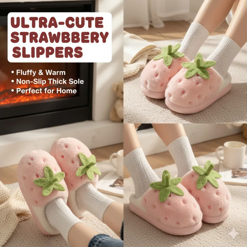 

Strawberry Cotton Slippers Women Y2K Cute Plush Warm House Shoes Non-Slip Thick Sole Winter Fruit Slippers Cozy Home Wear New