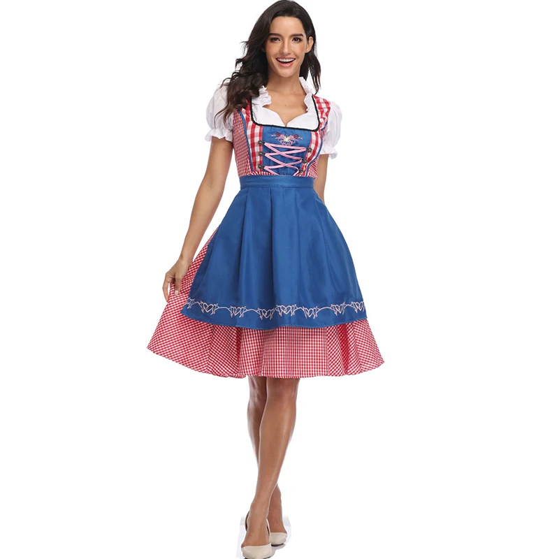 الملونة Dirndl مهرجان أكتوبر زي ألبن التقليدية منقوشة فستان المئزر تأثيري كرنفال هالوين فستان حفلة تنكرية #3