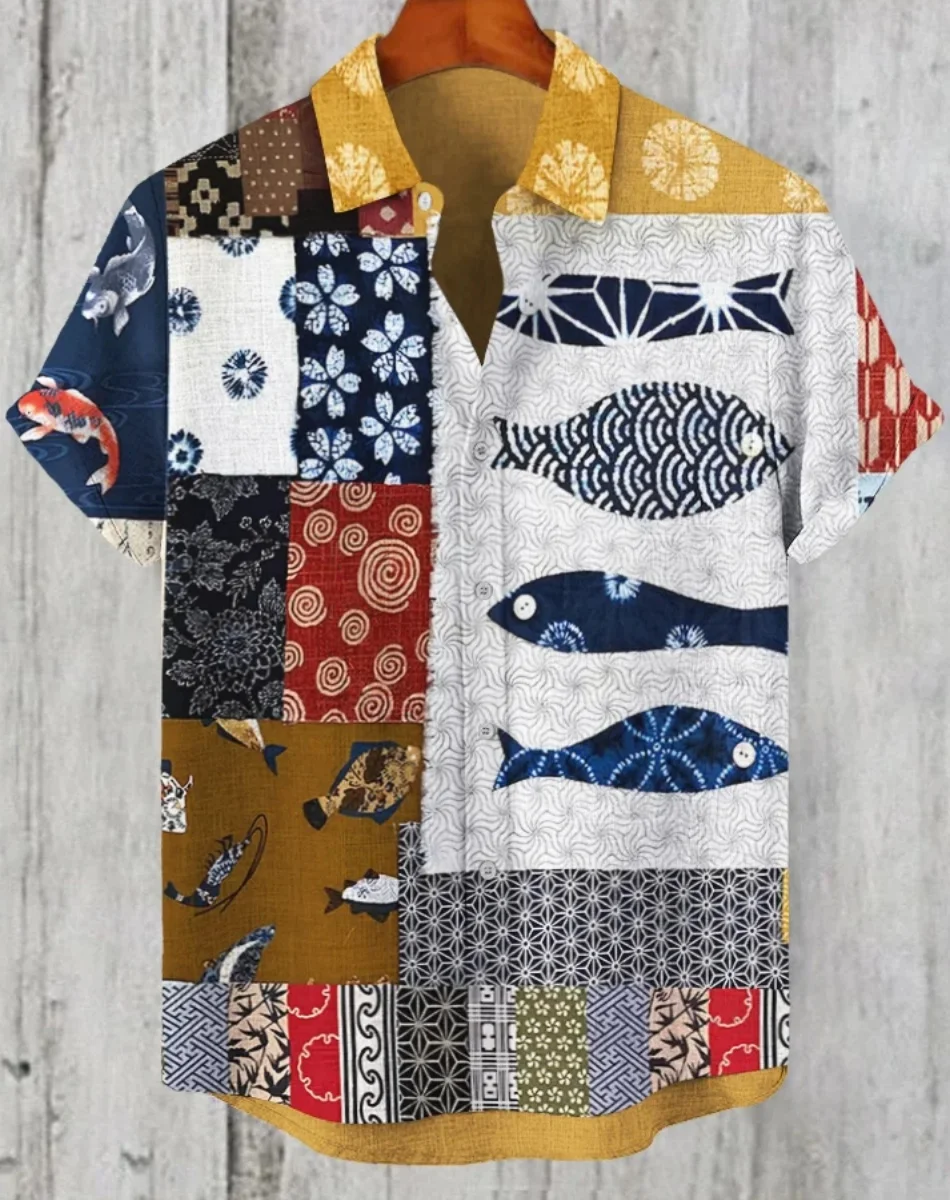 男性用のリネン生地のフィッシュとタコのプリントが施されたカジュアルな半袖シャツ、フェスティバルスタイル、ヴィンテージスタイル、l