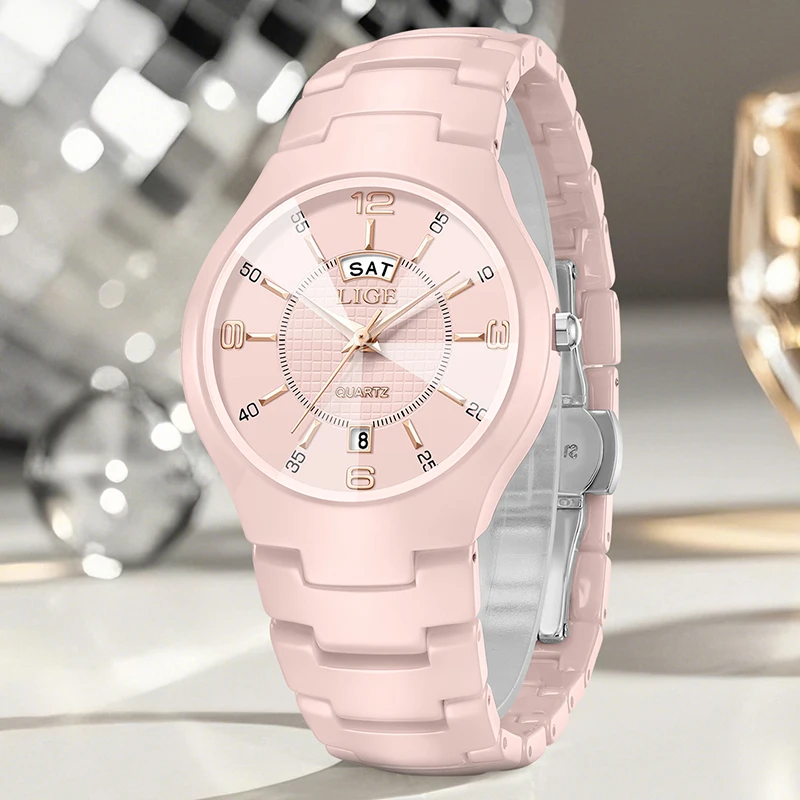 LIGE ساعة نسائية أنيقة من السيراميك ساعات يد كوارتز عصرية فاخرة مقاومة للماء ساعات تاريخ الأسبوع هدايا للسيدات Reloj Mujer + صندوق #2